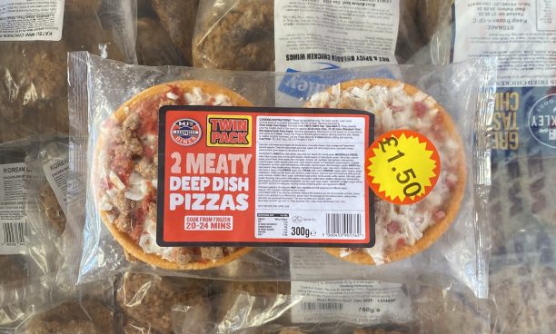 2X small meaty deep dish pizzas (frozen food section)