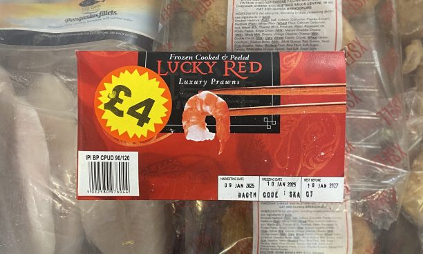 frozen cooked & peeled lucky red prawns (the red boxes)