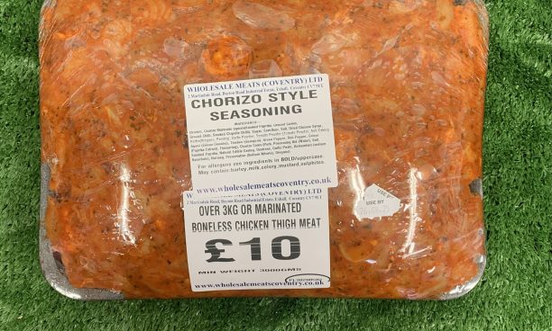 Over 3Kg of chorizo style marinated boneless chicken thigh meat